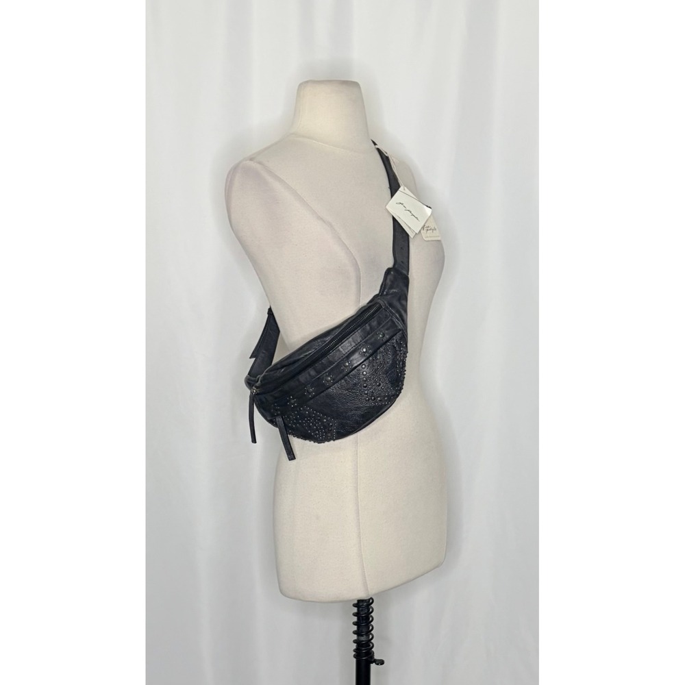 NWT!! FREE PEOPLE Black Leather Ana Adorned Sling Bag Solid Studded Embellished - Picture 3 of 16